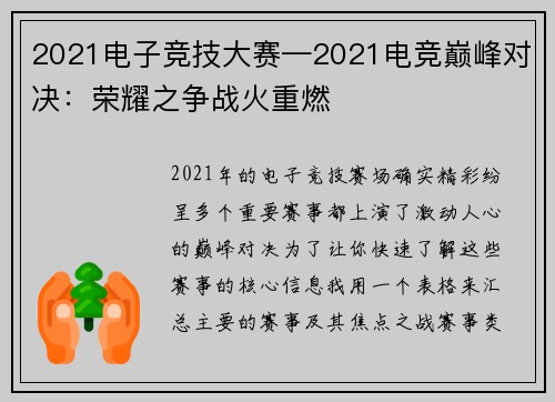 2021电子竞技大赛—2021电竞巅峰对决：荣耀之争战火重燃